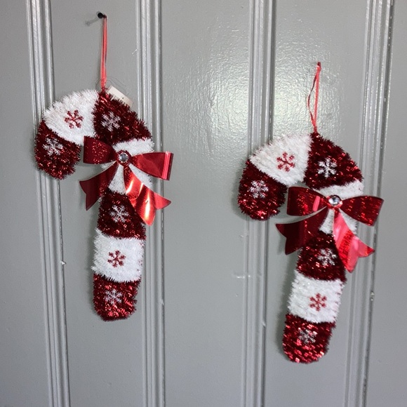NWT Set of 2- Red & White Tinsel Candy Cane Bedazzled ❄️ Holiday Decorations - Picture 5 of 8
